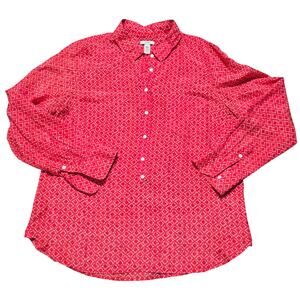J.Crew Red Geometric Print Button Down Shirt L Silk Blend Preppy Business Casual